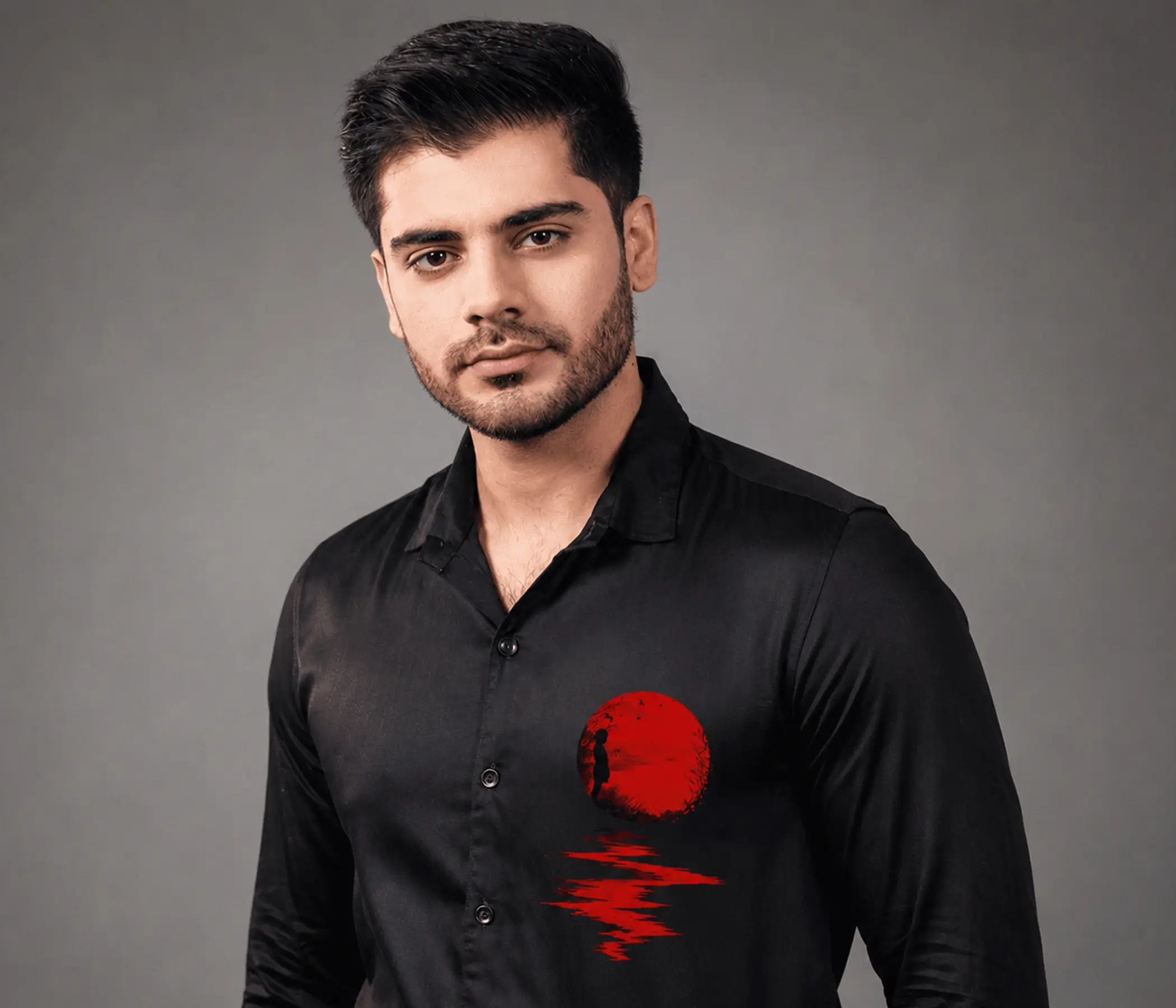 Jet Black Hand-Painted Crimson Sun Shirt for Perfect Mens Collection